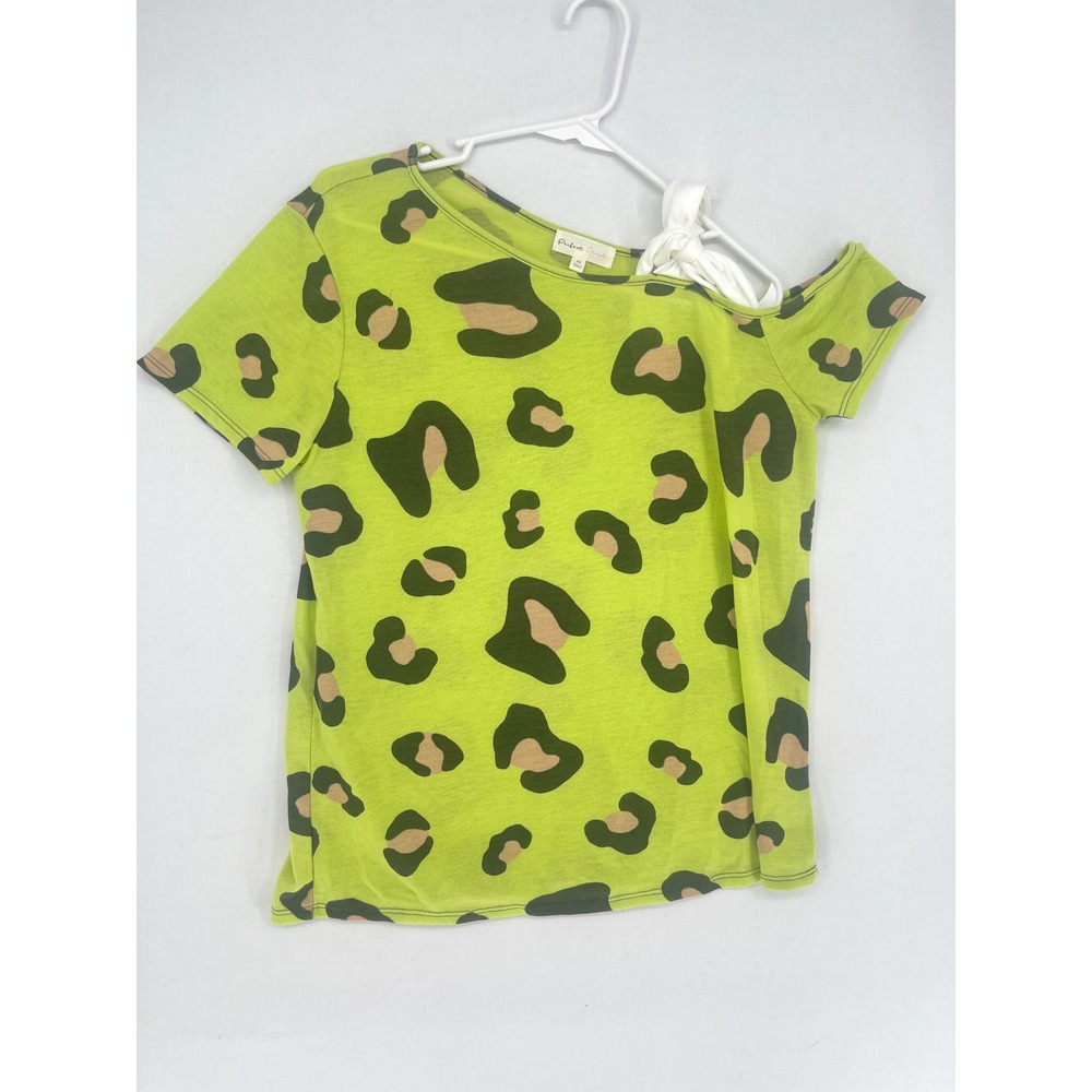 Perfect Peach Lime Green Leopard Print Cold Shoulder Top Short Sleeve Medium